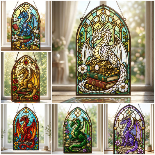 Dragon Stained Glass Bundle SVG DXF | 6 Fantasy Suncatcher Laser Cut Files | Gothic Window Dragon Decor | Glowforge Digital Download