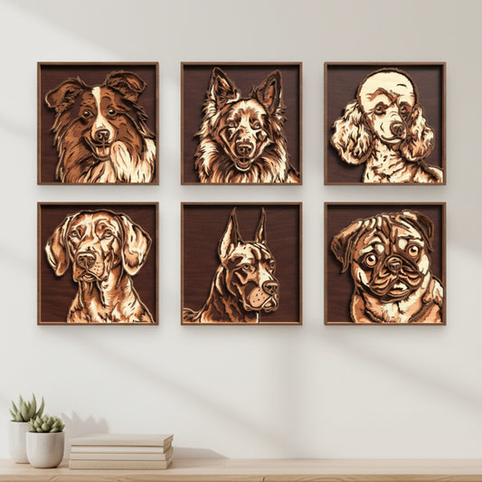 Dog Breed Portrait SVG Bundle | Layered Wooden Pet Wall Art Laser Cut Files | Dog Lover Decor for Glowforge, xTool & CNC