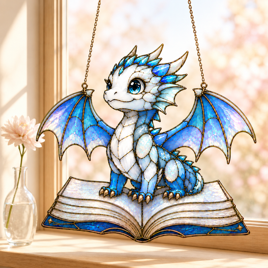 Blue Baby Dragon Book Suncatcher SVG | Stained Glass Dragon Reading Decor | Fantasy Window Hanging Laser Cut File | Layered Dragon SVG