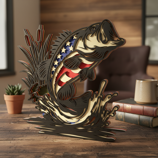 Patriotic Bass Fishing SVG | American Flag Bass Laser Cut File | Layered Fisherman Decor SVG | USA Fishing Trophy Display for Glowforge, xTool & CNC