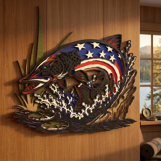 Patriotic Pike Fish Laser Cut File SVG | American Flag Northern Pike Wall Art | Layered Fishing Decor for Glowforge & LightBurn