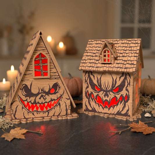 3D Halloween Haunted Cabin Light Box Bundle Spooky Monster Demon Face House Universal Vector Design for All Laser Cutters xTool Glowforge CNC