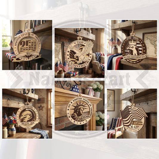 America 250 Ornament SVG Bundle | Patriotic Wooden Ornament Laser Cut Files | USA Independence Day Decorations SVG