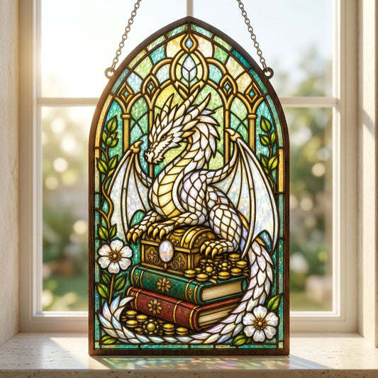 White Dragon Stained Glass SVG | Book Dragon Suncatcher Laser Cut File | Elegant Fantasy Dragon Window Decor | Layered Dragon Digital Download