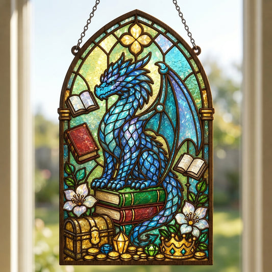 Blue Dragon Stained Glass SVG | Book Dragon Suncatcher Laser Cut File | Fantasy Reading Dragon Window Decor | Layered Dragon Digital Download