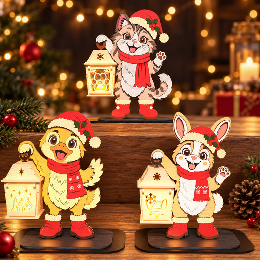 Christmas animal lantern bundle laser cut file, cat bunny duck wooden table decor, holiday shelf sitter, 3D Christmas craft