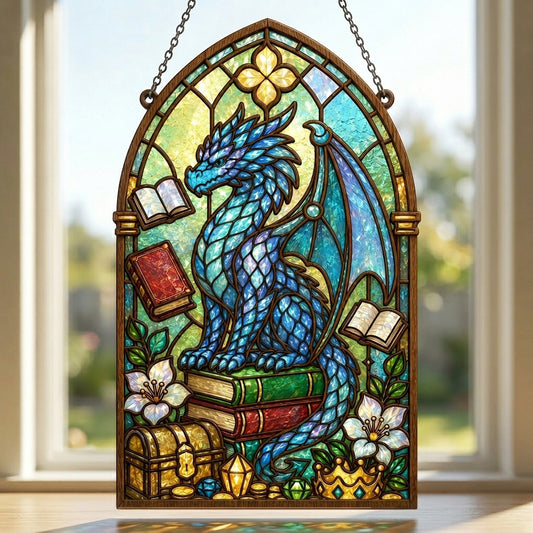 Blue Dragon Stained Glass SVG | Book Dragon Suncatcher Laser Cut File | Fantasy Reading Dragon Window Decor | Layered Dragon Digital Download