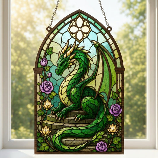 Green Dragon Stained Glass SVG | Fantasy Dragon Suncatcher Laser File | Gothic Window Dragon Wall Decor | Layered Dragon Digital Download