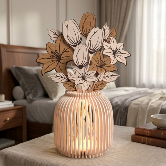 Tulip Lily Vase Lantern SVG | Floral LED Lamp Laser Cut File | Layered Wooden Flower Vase Decor for Glowforge, xTool & CNC