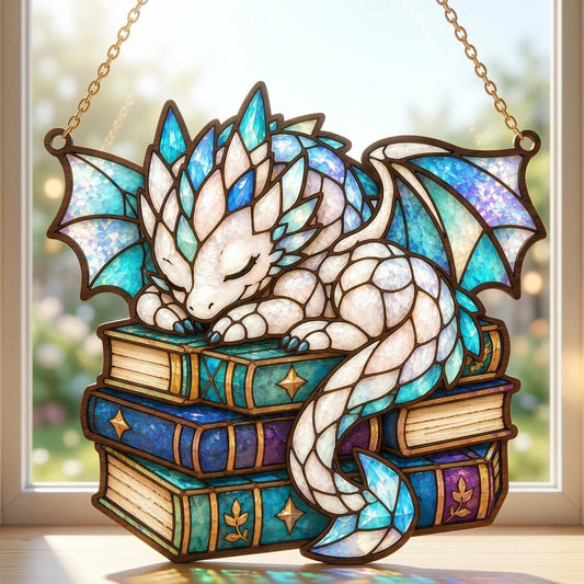 Cute Sleeping Dragon on Book Stack Stained Glass Suncatcher SVG | Fantasy Baby Dragon Window Hanging Laser Cut File | Layered Dragon Book Lover Decor