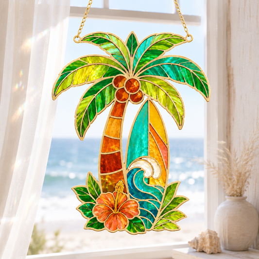 Summer Beach Stained Glass SVG Bundle | Coastal Suncatcher Collection Laser Cut Files | Palm Tree, Sailboat, Lighthouse & Ocean Wave Window Hanging SVG