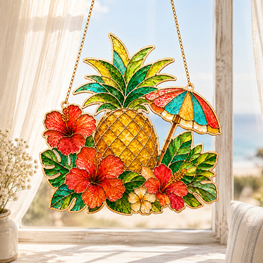 Tropical Beach Stained Glass SVG Bundle | Flamingo, Palm Tree, Pineapple, Coconut Drink & Summer Cocktail Suncatcher Laser Cut Files | Coastal Window Hanging SVG