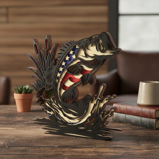 Patriotic Bass Fishing SVG | American Flag Bass Laser Cut File | Layered Fisherman Decor SVG | USA Fishing Trophy Display for Glowforge, xTool & CNC