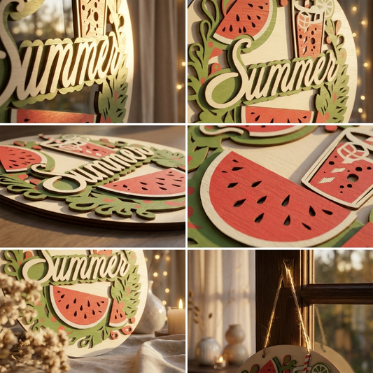 Summer Watermelon Welcome Sign SVG | Layered Summer Door Hanger Laser Cut File | Watermelon Lemonade Decor for Glowforge, xTool & CNC