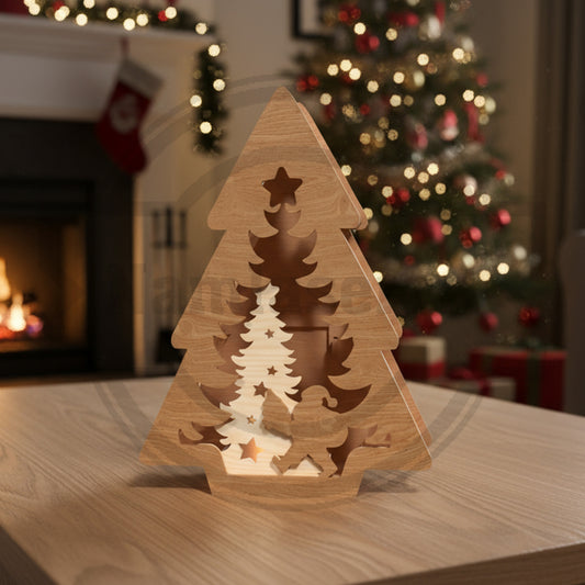 Christmas Tree Layered Lantern SVG | Wooden Christmas Tree Light Box Laser Cut File | Holiday Village LED Decor Glowforge SVG