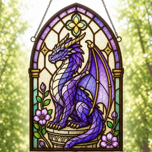 Purple Dragon Stained Glass SVG | Fantasy Dragon Suncatcher Laser Cut File | Gothic Window Dragon Decor | Layered Dragon Digital Download