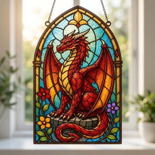 Red Dragon Stained Glass SVG | Gothic Dragon Suncatcher Laser Cut File | Fantasy Window Dragon Decor | Layered Dragon Digital Download
