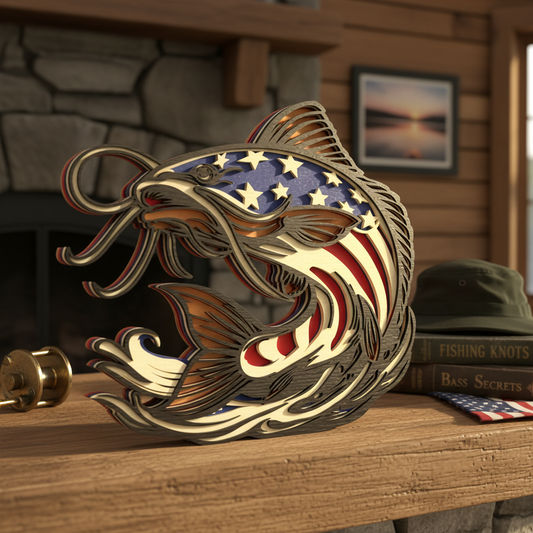 American Flag Catfish SVG | Layered Catfish Laser Cut File | Patriotic Fishing Decor SVG | USA Fisherman Wood Sign Design for Glowforge, xTool & CNC