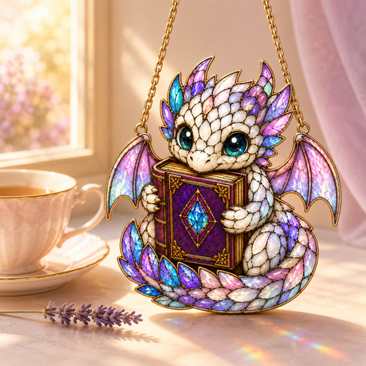 Cute Dragon Book Suncatcher SVG | Stained Glass Fantasy Dragon Laser Cut File | Book Dragon Window Decor | Layered Dragon Digital