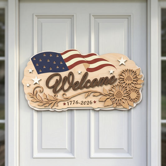Patriotic Sunflower Welcome Sign Laser Cut File | USA Flag Layered Door Hanger SVG | Independence Day Wooden Wall Decor | 1776–2026 CNC Design