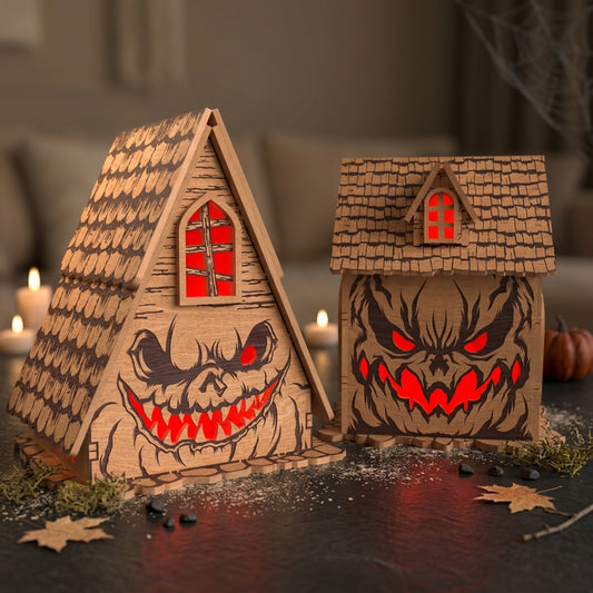3D Halloween Haunted Cabin Light Box Bundle Spooky Monster Demon Face House Universal Vector Design for All Laser Cutters xTool Glowforge CNC