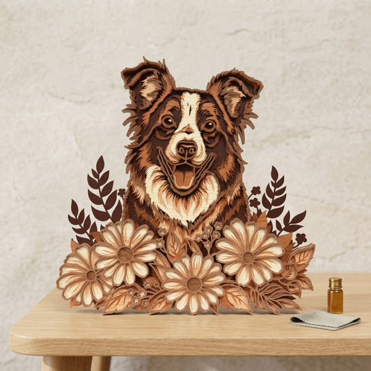 Border Collie Floral SVG | Layered Dog and Daisy Laser Cut File | Wooden Pet Memorial & Farmhouse Decor SVG for Glowforge, xTool & CNC