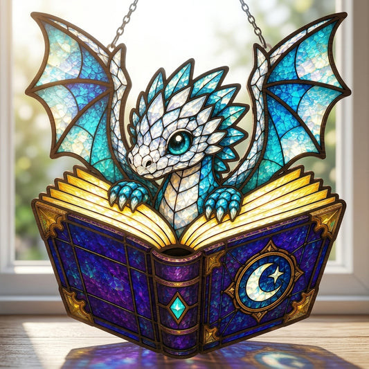 Cute Baby Dragon Reading Magic Book Stained Glass Suncatcher SVG | Fantasy Dragon Window Hanging Laser Cut File | Layered Book Dragon Decor