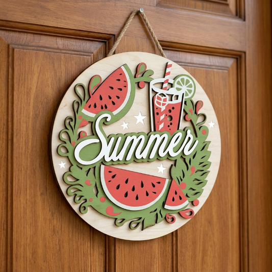 Summer Watermelon Welcome Sign SVG | Layered Summer Door Hanger Laser Cut File | Watermelon Lemonade Decor for Glowforge, xTool & CNC