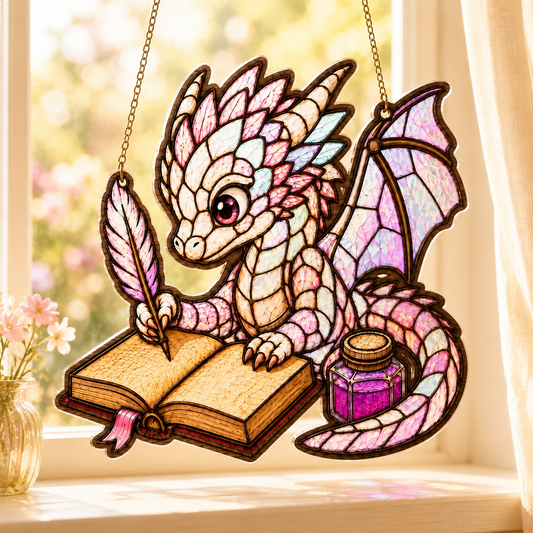 Baby Dragon Writer Suncatcher SVG | Stained Glass Dragon Reading Journal Laser Cut File | Fantasy Window Hanging | Layered Dragon Decor