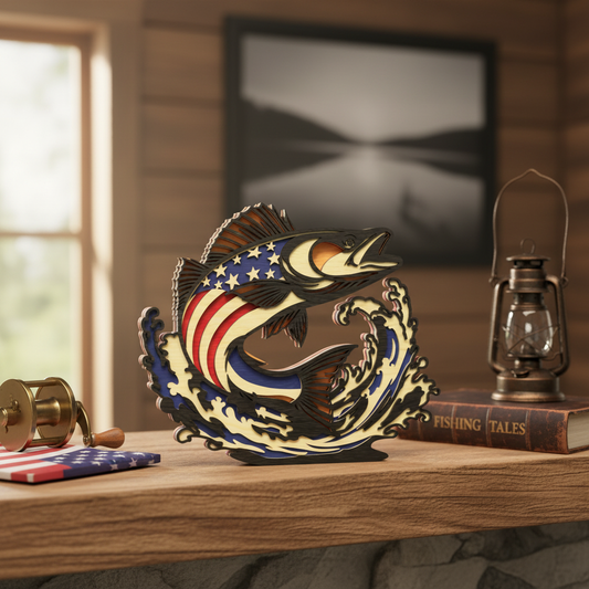Patriotic Bass Fish SVG | American Flag Layered Fish Laser Cut File | 3D Fishing Decor SVG | USA Angler Wall Art for Glowforge, xTool & CNC