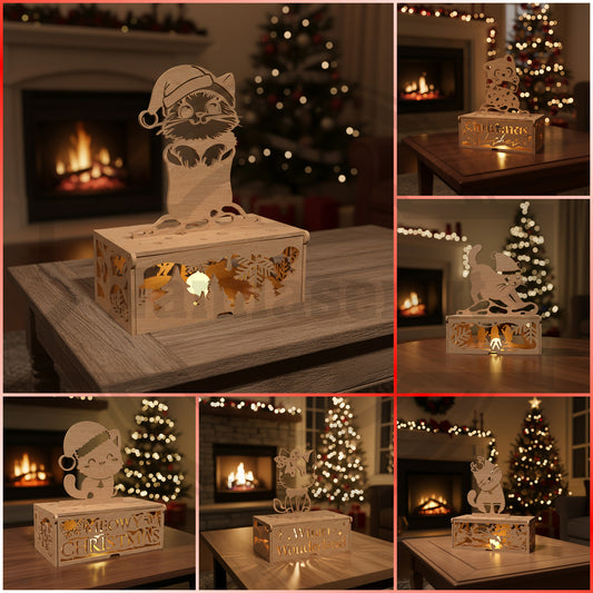 Christmas Cat Tea Light Holder SVG Bundle | Layered Holiday Cat Lantern Laser Cut Files | Wooden Christmas Decor SVG for Glowforge & xTool