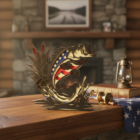 Patriotic Bass Fish SVG | Layered Fishing Decor Laser Cut File | American Flag Bass Wall Art SVG | Fisherman Gift Design for Glowforge, xTool & CNC