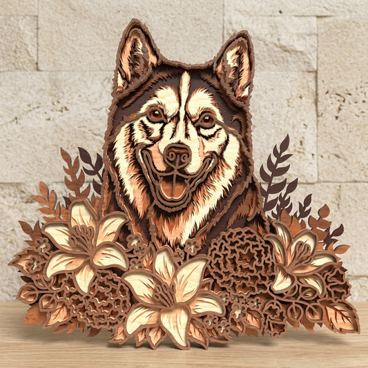 Husky Floral Layered SVG | Wolf Head with Lily Flowers Laser Cut File | Woodland Animal Wood Sign SVG | 3D Layered Wildlife Decor | Glowforge xTool CNC SVG