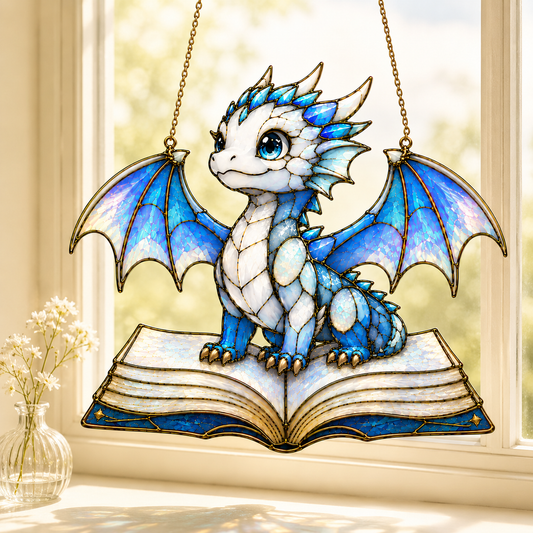 Blue Baby Dragon Book Suncatcher SVG | Stained Glass Dragon Reading Decor | Fantasy Window Hanging Laser Cut File | Layered Dragon SVG