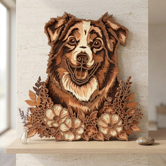 Australian Shepherd Floral Layered SVG | Aussie Dog with Wildflower Frame Laser Cut File | 3D Layered Dog Portrait SVG | Pet Memorial Wood Sign | Glowforge xTool CNC SVG