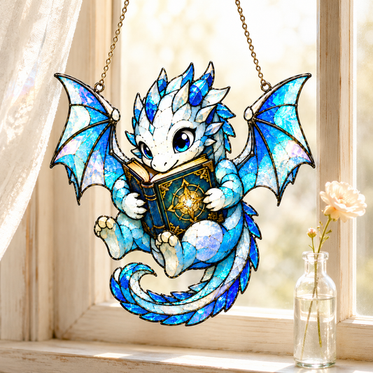 Blue Baby Dragon Book Suncatcher SVG | Stained Glass Fantasy Dragon Reading Decor | Hanging Window Laser Cut File | Layered Dragon Digital Download