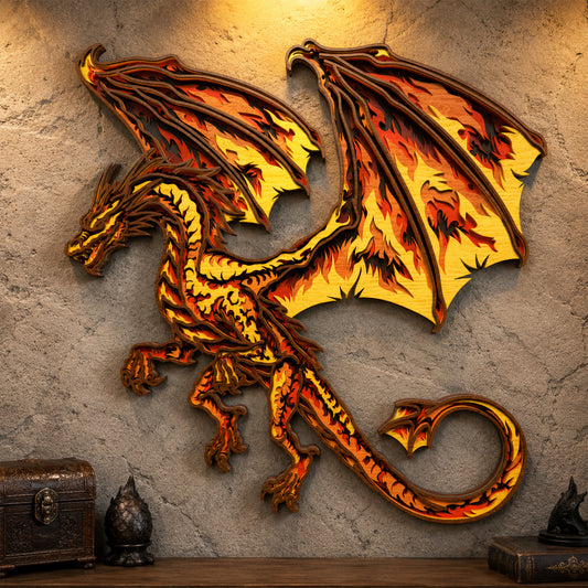 Fire Dragon Wall Art SVG | Layered Fantasy Dragon Laser Cut File | Flame Wing Dragon Decor for Glowforge, xTool & CNC