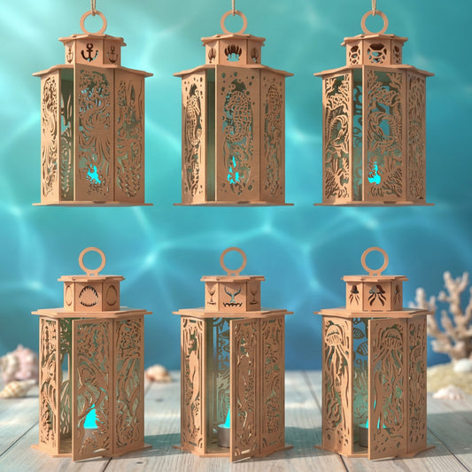 Ocean Lantern SVG Bundle | Sea Life Hanging Lantern Laser Cut Files | Nautical Marine Lantern SVG for Glowforge xTool LightBurn