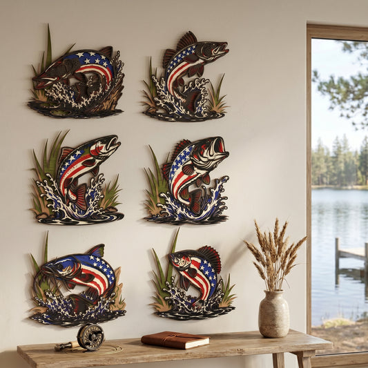Patriotic Fishing Fish Bundle SVG DXF | 6 Layered American Flag Fish Designs | Lake House Wall Art | Glowforge Digital Download