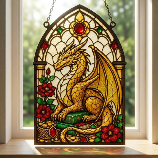 Golden Dragon Stained Glass SVG | Fantasy Dragon Suncatcher Laser File | Gothic Window Dragon Decor | Layered Dragon Art Digital Download