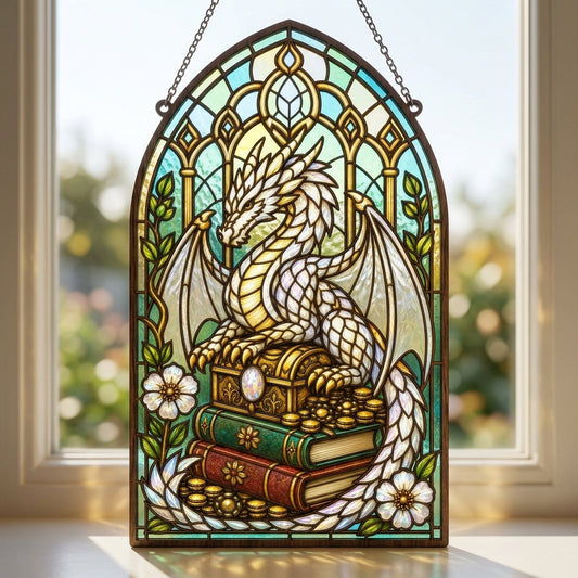 White Dragon Stained Glass SVG | Book Dragon Suncatcher Laser Cut File | Elegant Fantasy Dragon Window Decor | Layered Dragon Digital Download