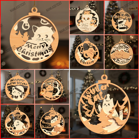 Christmas & New Year Ornament SVG Bundle | Cute Holiday Cat Wooden Ornament Laser Cut Files | Merry Christmas, Happy Holiday & New Year Decor for Glowforge & xTool