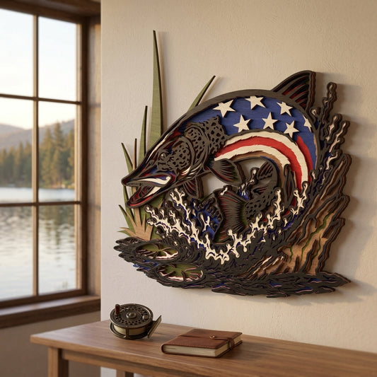 Patriotic Walleye Fish Laser Cut File SVG | American Flag Walleye Wall Art | Layered Fishing Decor for Glowforge & LightBurn