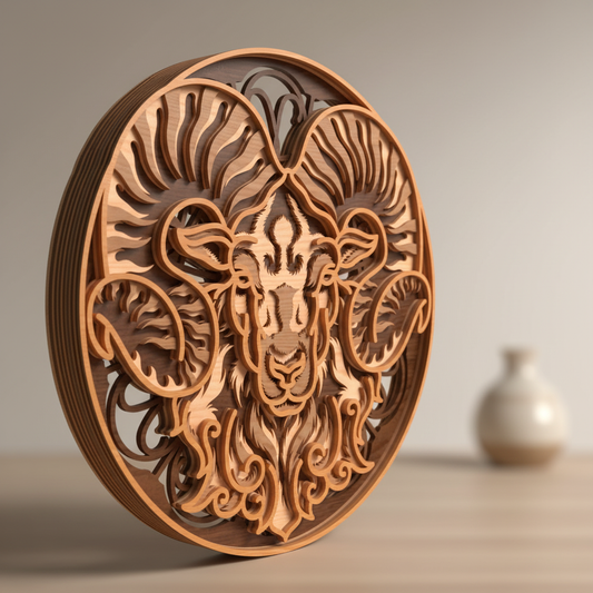 Ram Wall Art SVG | Layered Ram Head Laser Cut File | Circular Animal Decor SVG | Rustic Woodland Wooden Art for Glowforge, xTool & CNC