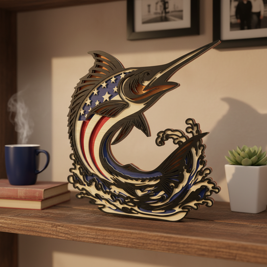 Patriotic Marlin SVG | American Flag Marlin Laser Cut File | Layered Sport Fishing Decor SVG | USA Offshore Fishing Display for Glowforge, xTool & CNC