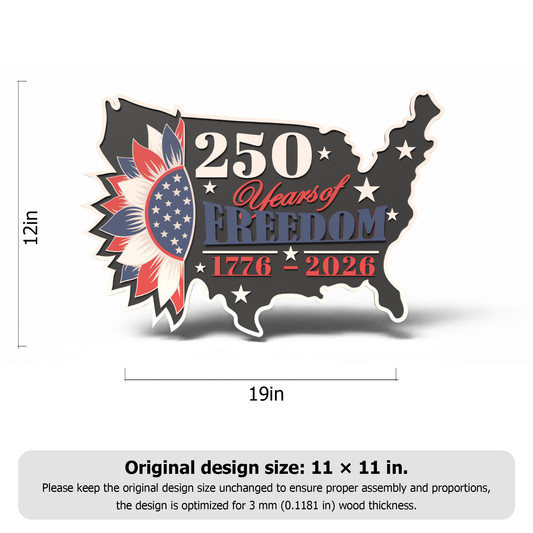 America 250 Years of Freedom USA Map SVG | Patriotic Layered Laser Cut File | 1776–2026 Independence Day Wood Sign DXF