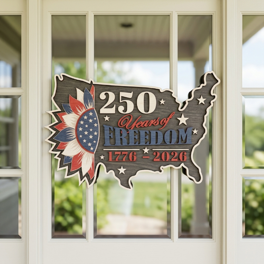 America 250 Years of Freedom USA Map SVG | Patriotic Layered Laser Cut File | 1776–2026 Independence Day Wood Sign DXF