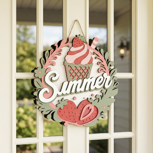 Strawberry Ice Cream Summer Sign SVG | Layered Summer Door Hanger Laser Cut File | Sweet Berry Welcome Decor for Glowforge, xTool & CNC