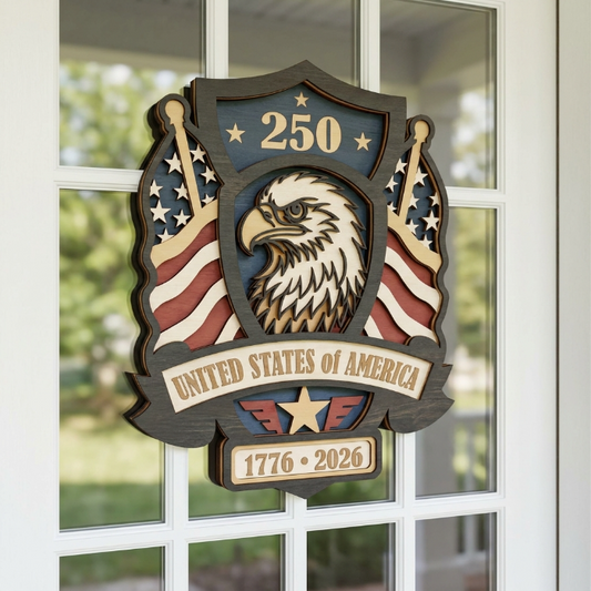 Patriotic Eagle Shield SVG | USA 250th Anniversary Layered Laser Cut File | American Flag Door Hanger | United States of America Wooden Sign