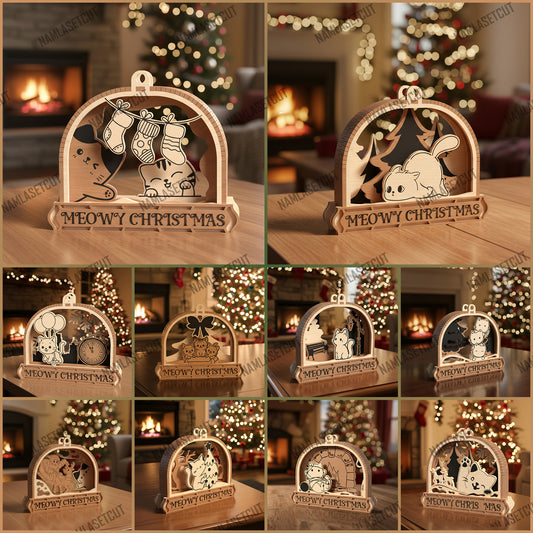 Meowy Christmas Ornament SVG Bundle | Cute Cat Holiday Laser Cut Files | Wooden Christmas Ornament Set for Glowforge, xTool & CNC